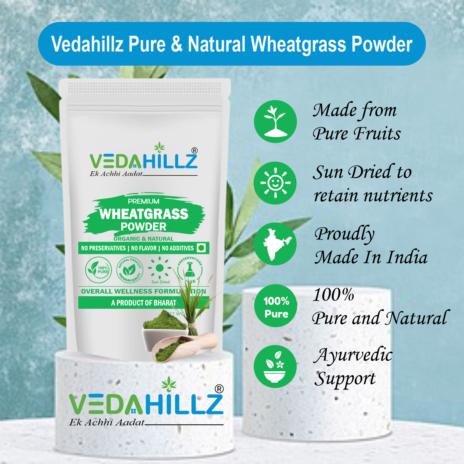Vedahillz WheatGrass Powder for Daily Detox and Vitality Made from Handpicked Wheatgrass